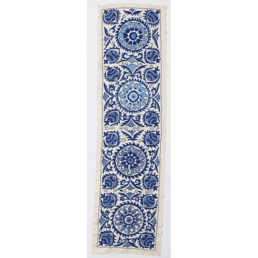 Silk Embroidery Wall Hanging. Cream and Blue Suzani Fabric Table Runner Silk Embroidery Wall Hanging. Cream and Blue Suzani Fabric Table Runner