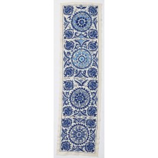 Silk Embroidery Wall Hanging. Cream and Blue Suzani Fabric Table Runner