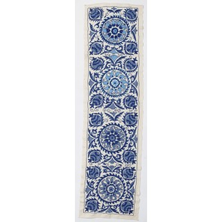 Silk Embroidery Wall Hanging. Cream and Blue Suzani Fabric Table Runner