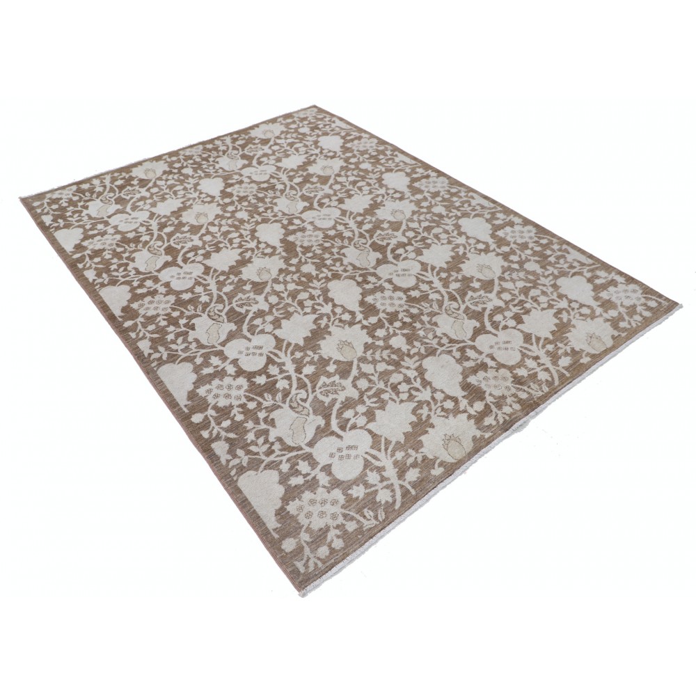 Hand Knotted Brown, Ivory Wool Area Rug with All-Over Floral Vine Pattern Hand Knotted Brown, Ivory Wool Area Rug with All-Over Floral Vine Pattern