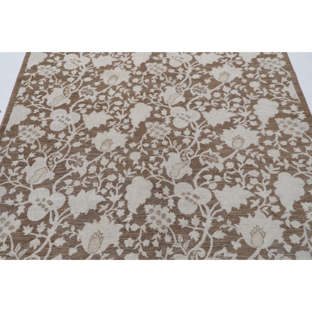 Hand Knotted Brown, Ivory Wool Area Rug with All-Over Floral Vine Pattern Hand Knotted Brown, Ivory Wool Area Rug with All-Over Floral Vine Pattern