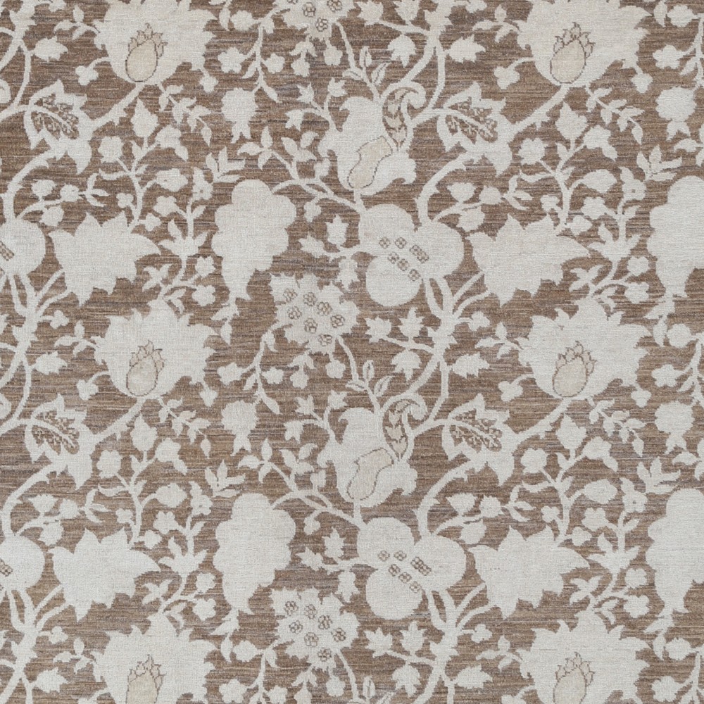 Hand Knotted Brown, Ivory Wool Area Rug with All-Over Floral Vine Pattern Hand Knotted Brown, Ivory Wool Area Rug with All-Over Floral Vine Pattern