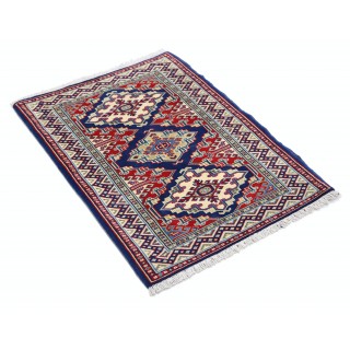Hand Knotted Navy Blue, Red, Ivory Wool Area Rug | Geometric Tribal Medallion Patterned Small Rug