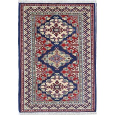 Hand Knotted Navy Blue, Red, Ivory Wool Area Rug | Geometric Tribal Medallion Patterned Small Rug