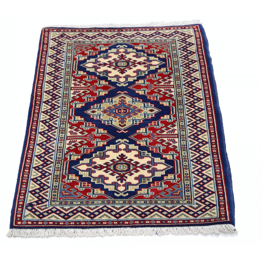 Hand Knotted Navy Blue, Red, Ivory Wool Area Rug | Geometric Tribal Medallion Patterned Small Rug Hand Knotted Navy Blue, Red, Ivory Wool Area Rug | Geometric Tribal Medallion Patterned Small Rug