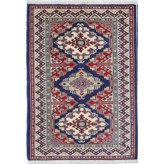 Hand Knotted Navy Blue, Red, Ivory Wool Area Rug | Geometric Tribal Medallion Patterned Small Rug