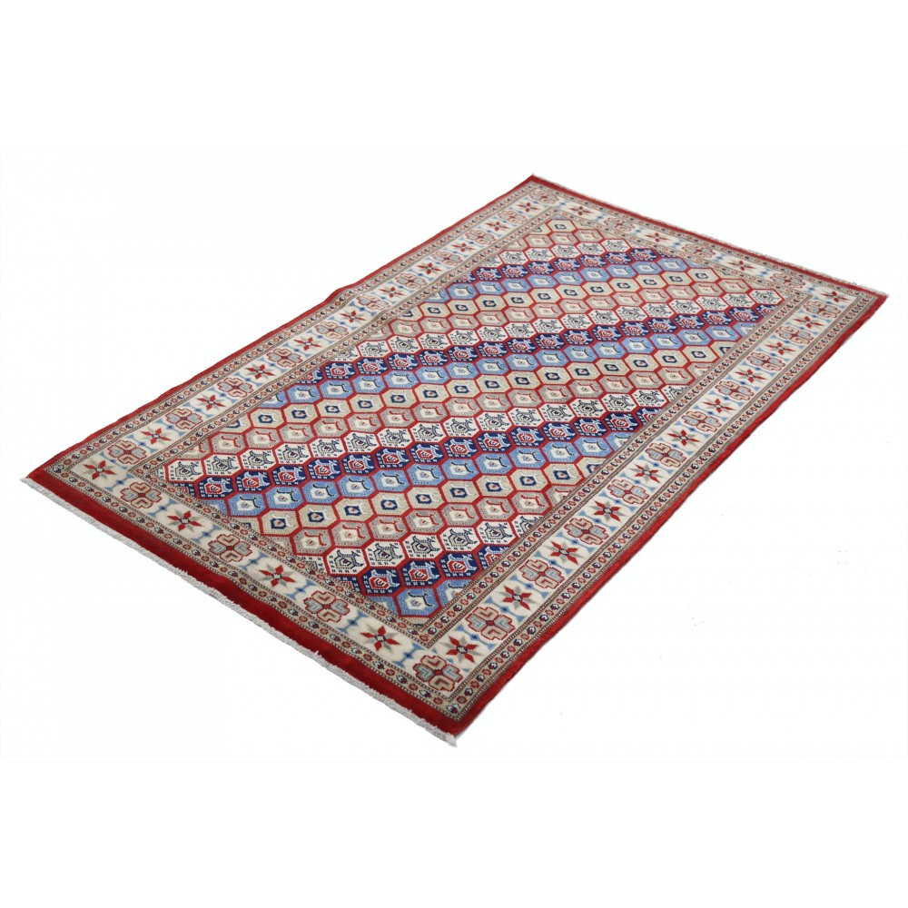 Hand Knotted Red, Ivory, Navy Blue Wool Area Rug | Turkish Hexagon Lattice Design Rug Hand Knotted Red, Ivory, Navy Blue Wool Area Rug | Turkish Hexagon Lattice Design Rug