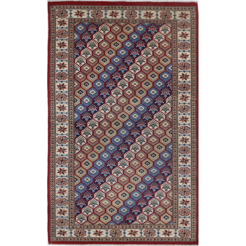 Hand Knotted Red, Ivory, Navy Blue Wool Area Rug | Turkish Hexagon Lattice Design Rug Hand Knotted Red, Ivory, Navy Blue Wool Area Rug | Turkish Hexagon Lattice Design Rug