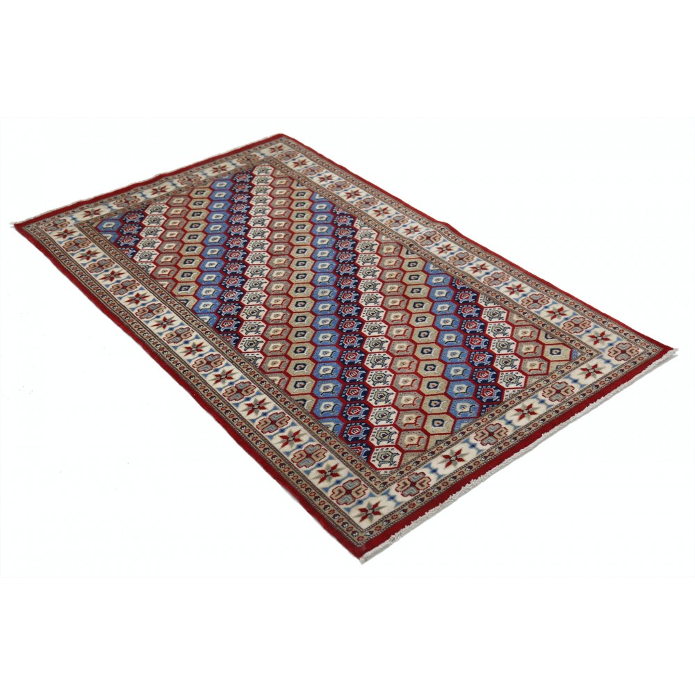 Hand Knotted Red, Ivory, Navy Blue Wool Area Rug | Turkish Hexagon Lattice Design Rug Hand Knotted Red, Ivory, Navy Blue Wool Area Rug | Turkish Hexagon Lattice Design Rug
