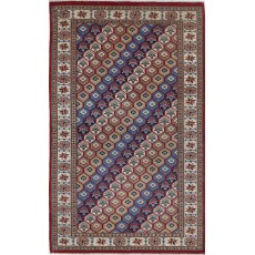 Hand Knotted Red, Ivory, Navy Blue Wool Area Rug | Turkish Hexagon Lattice Design Rug