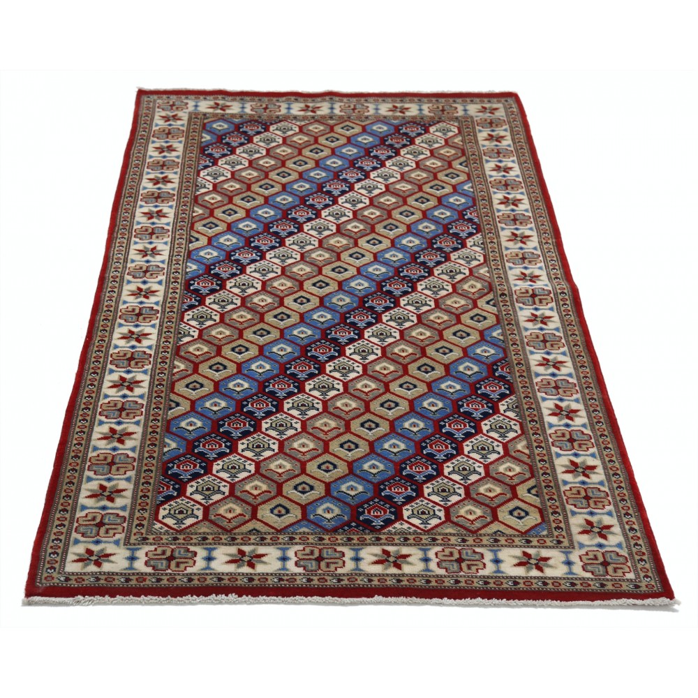 Hand Knotted Red, Ivory, Navy Blue Wool Area Rug | Turkish Hexagon Lattice Design Rug Hand Knotted Red, Ivory, Navy Blue Wool Area Rug | Turkish Hexagon Lattice Design Rug