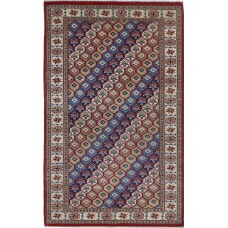 Hand Knotted Red, Ivory, Navy Blue Wool Area Rug | Turkish Hexagon Lattice Design Rug