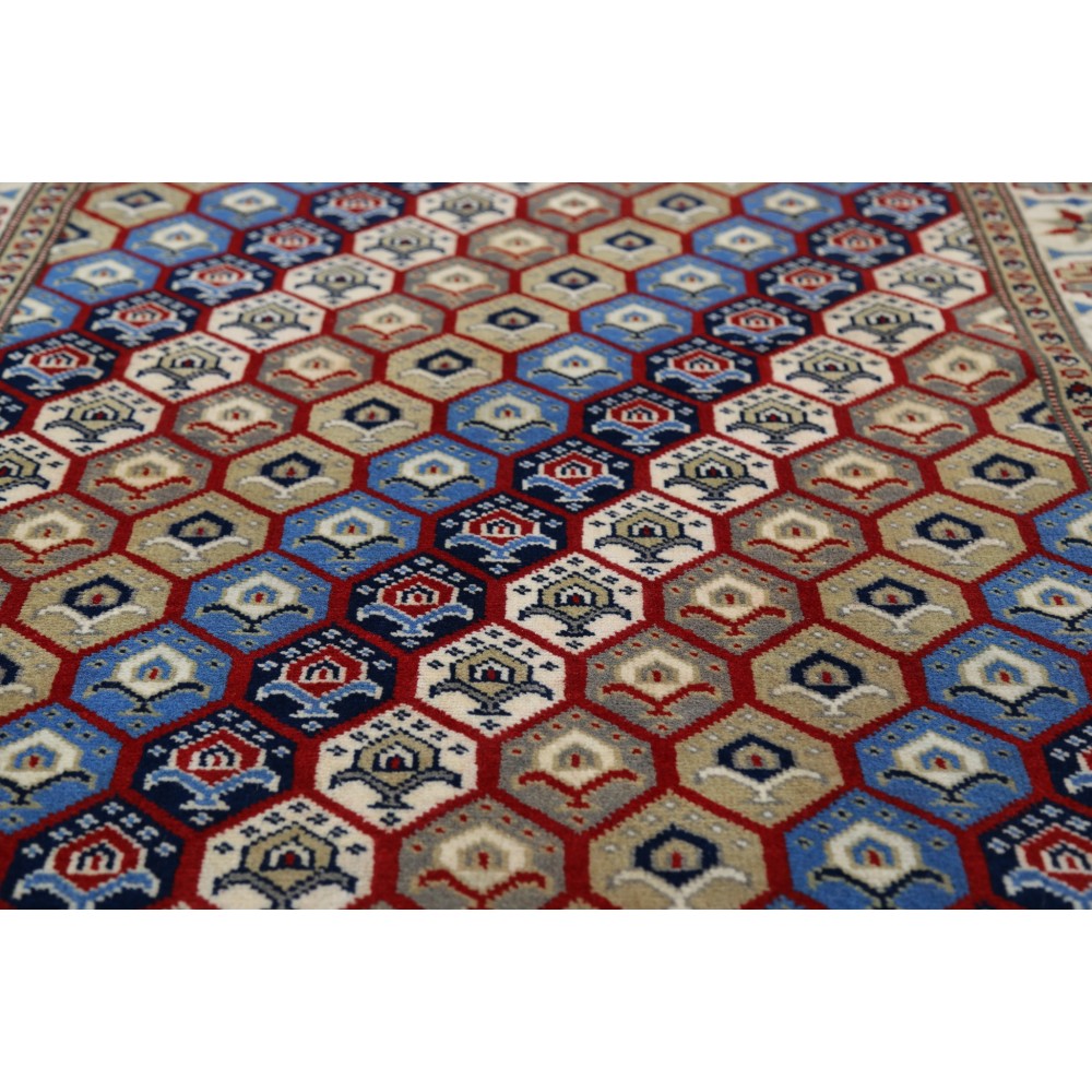 Hand Knotted Red, Ivory, Navy Blue Wool Area Rug | Turkish Hexagon Lattice Design Rug Hand Knotted Red, Ivory, Navy Blue Wool Area Rug | Turkish Hexagon Lattice Design Rug