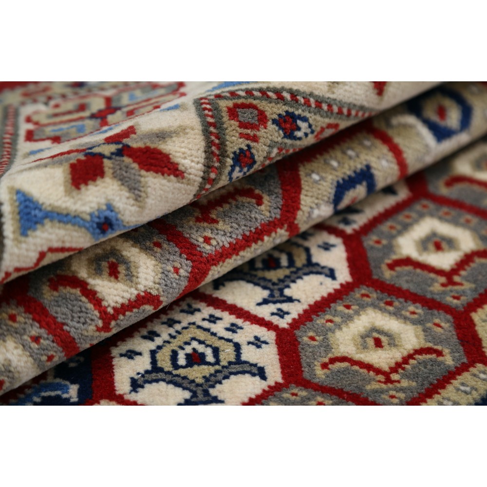 Hand Knotted Red, Ivory, Navy Blue Wool Area Rug | Turkish Hexagon Lattice Design Rug Hand Knotted Red, Ivory, Navy Blue Wool Area Rug | Turkish Hexagon Lattice Design Rug
