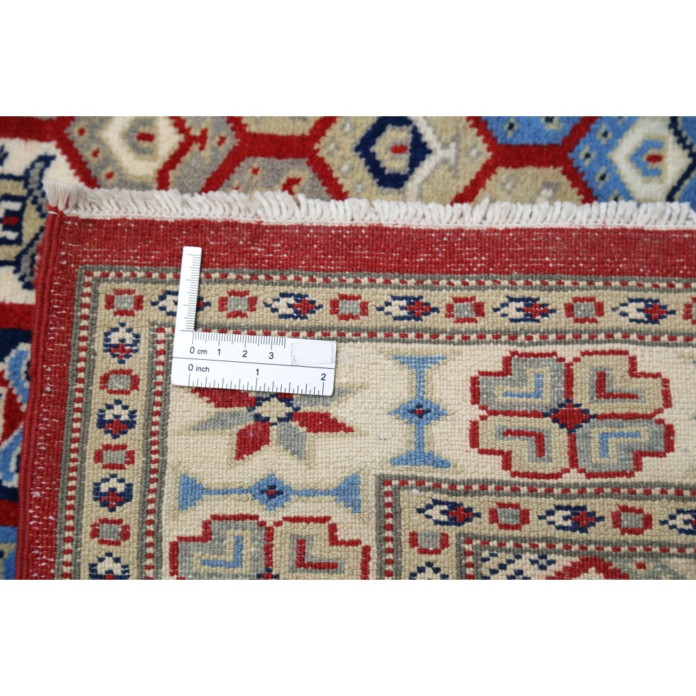 Hand Knotted Red, Ivory, Navy Blue Wool Area Rug | Turkish Hexagon Lattice Design Rug Hand Knotted Red, Ivory, Navy Blue Wool Area Rug | Turkish Hexagon Lattice Design Rug