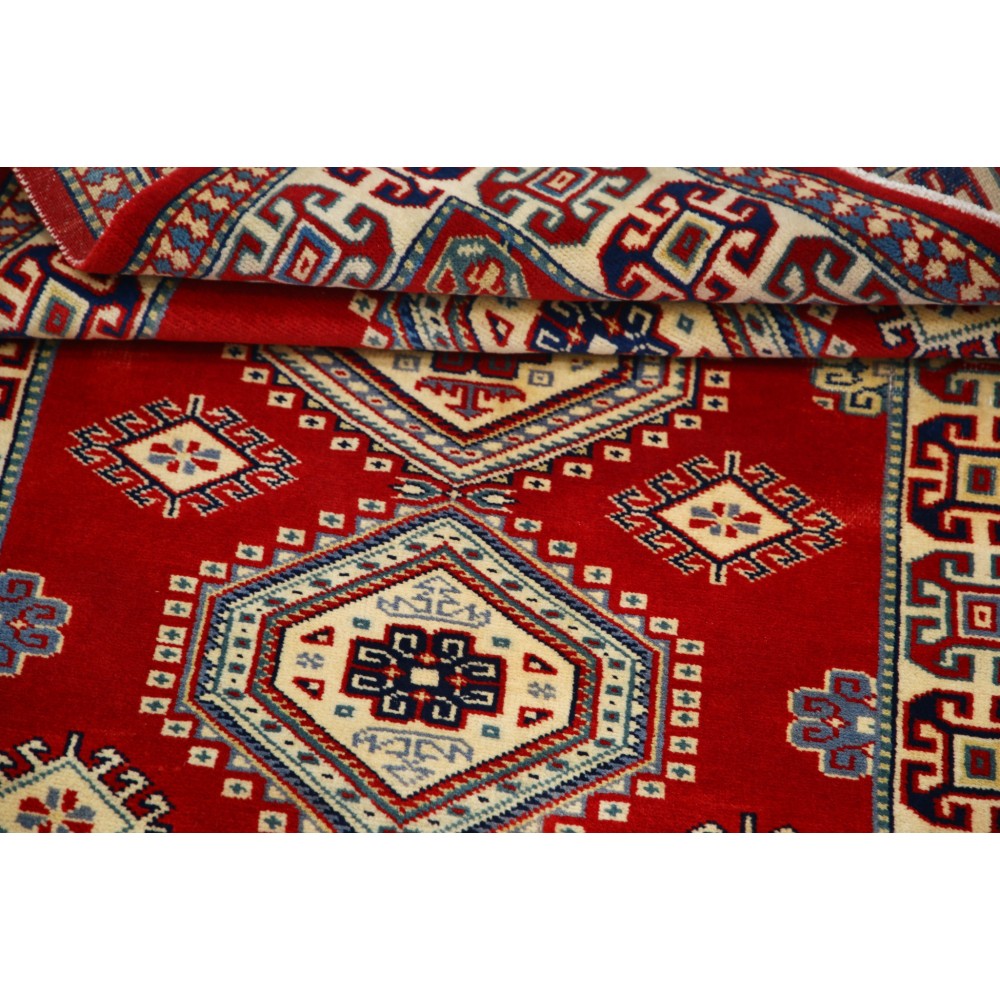 Hand Knotted Red, Navy Blue, Ivory, Light Blue Wool Area Rug | Traditional Turkish Tribal Motif Accent Rug Hand Knotted Red, Navy Blue, Ivory, Light Blue Wool Area Rug | Traditional Turkish Tribal Motif Accent Rug
