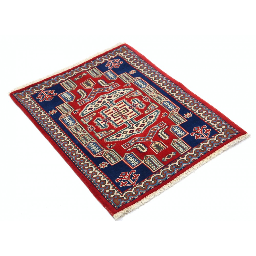 Hand Knotted Red, Navy Blue, Ivory Wool Area Rug | Geometric Tribal Medallion Patterned Accent Rug Hand Knotted Red, Navy Blue, Ivory Wool Area Rug | Geometric Tribal Medallion Patterned Accent Rug
