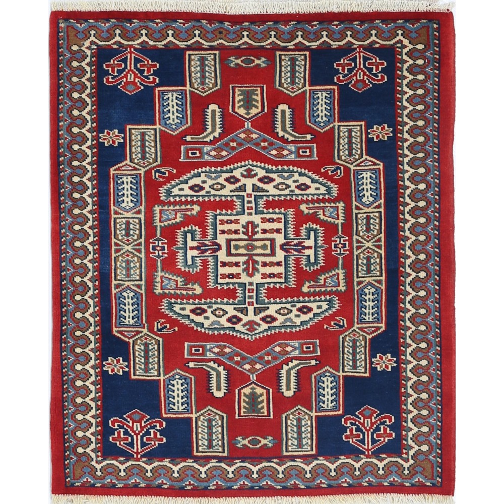 Hand Knotted Red, Navy Blue, Ivory Wool Area Rug | Geometric Tribal Medallion Patterned Accent Rug Hand Knotted Red, Navy Blue, Ivory Wool Area Rug | Geometric Tribal Medallion Patterned Accent Rug