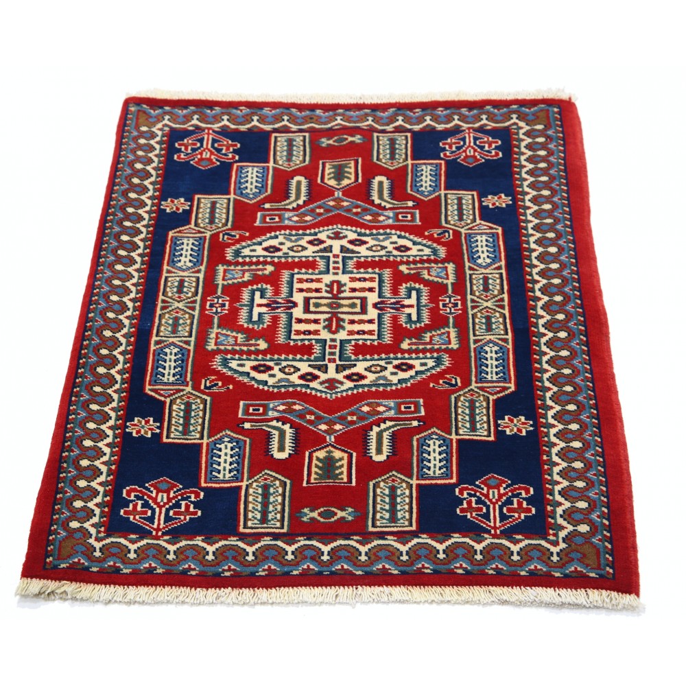 Hand Knotted Red, Navy Blue, Ivory Wool Area Rug | Geometric Tribal Medallion Patterned Accent Rug Hand Knotted Red, Navy Blue, Ivory Wool Area Rug | Geometric Tribal Medallion Patterned Accent Rug
