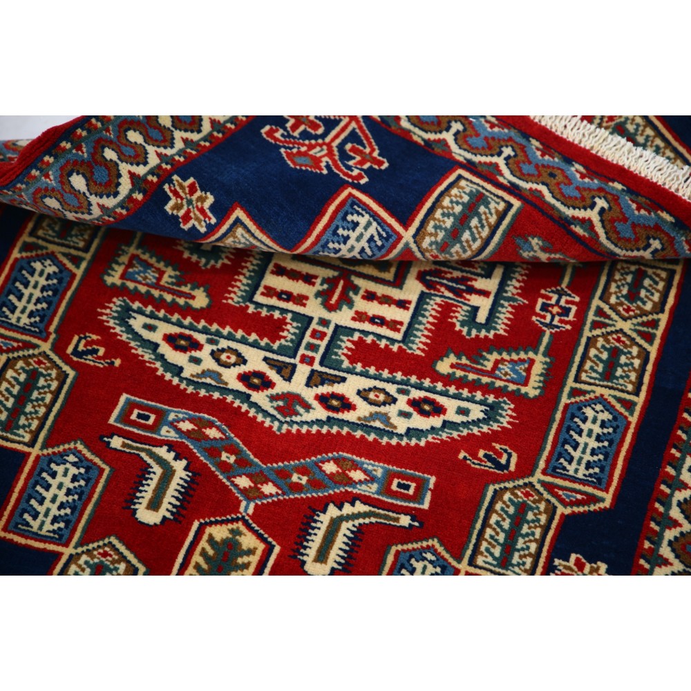 Hand Knotted Red, Navy Blue, Ivory Wool Area Rug | Geometric Tribal Medallion Patterned Accent Rug Hand Knotted Red, Navy Blue, Ivory Wool Area Rug | Geometric Tribal Medallion Patterned Accent Rug