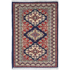 Hand Knotted Navy Blue, Red, Ivory Wool Area Rug | Turkish Geometric Medallion Accent Rug