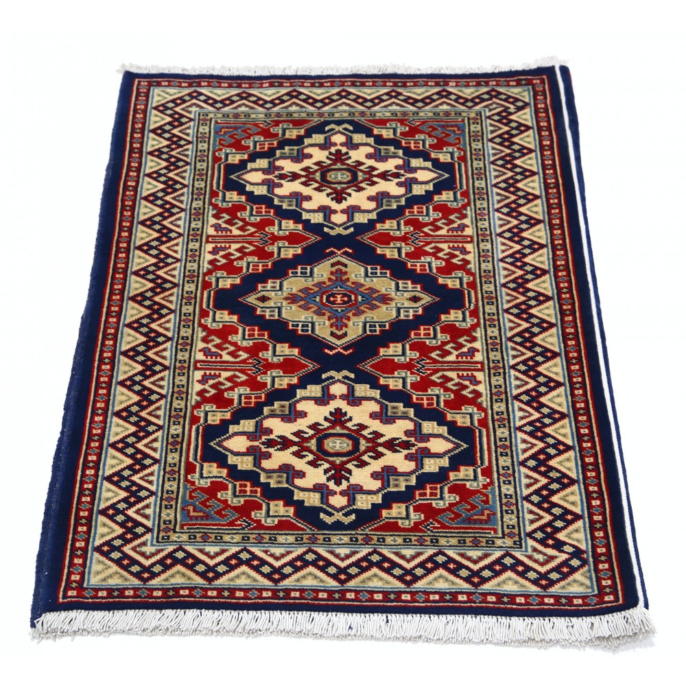 Hand Knotted Navy Blue, Red, Ivory Wool Area Rug | Turkish Geometric Medallion Accent Rug Hand Knotted Navy Blue, Red, Ivory Wool Area Rug | Turkish Geometric Medallion Accent Rug