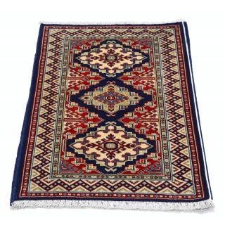 Hand Knotted Navy Blue, Red, Ivory Wool Area Rug | Turkish Geometric Medallion Accent Rug