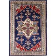 Hand Knotted Navy Blue, Red, Ivory, Light Blue Wool Area Rug | Turkish Geometric Medallion Accent Rug