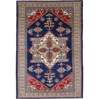 Hand Knotted Navy Blue, Red, Ivory, Light Blue Wool Area Rug | Turkish Geometric Medallion Accent Rug