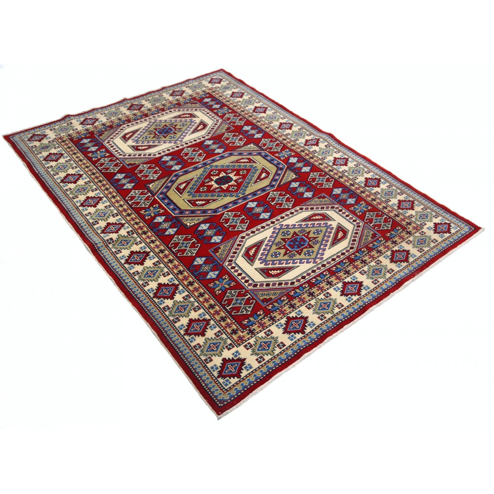 Hand Knotted Red, Navy Blue, Ivory, Light Blue Wool Area Rug | Turkish Tribal Style Accent Rug Hand Knotted Red, Navy Blue, Ivory, Light Blue Wool Area Rug | Turkish Tribal Style Accent Rug