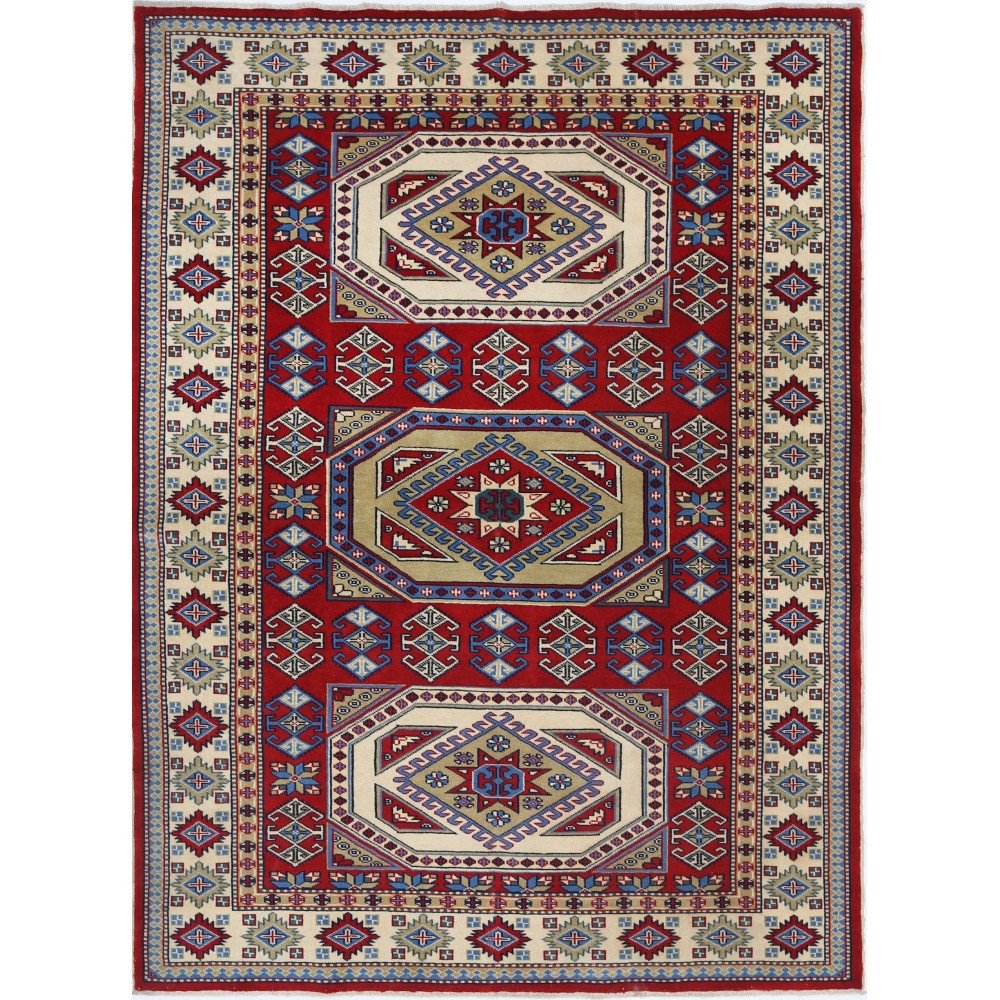 Hand Knotted Red, Navy Blue, Ivory, Light Blue Wool Area Rug | Turkish Tribal Style Accent Rug Hand Knotted Red, Navy Blue, Ivory, Light Blue Wool Area Rug | Turkish Tribal Style Accent Rug