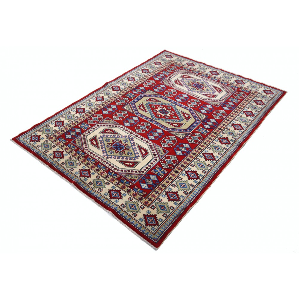 Hand Knotted Red, Navy Blue, Ivory, Light Blue Wool Area Rug | Turkish Tribal Style Accent Rug Hand Knotted Red, Navy Blue, Ivory, Light Blue Wool Area Rug | Turkish Tribal Style Accent Rug