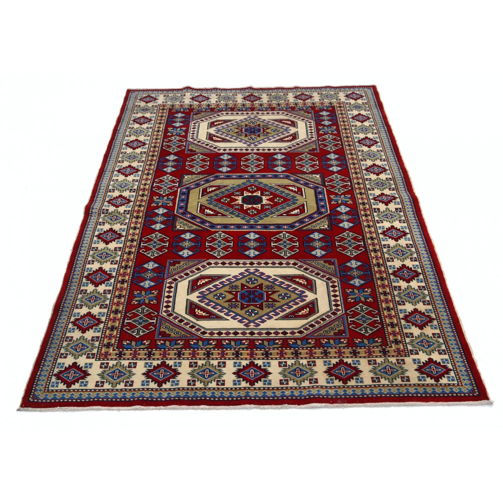 Hand Knotted Red, Navy Blue, Ivory, Light Blue Wool Area Rug | Turkish Tribal Style Accent Rug Hand Knotted Red, Navy Blue, Ivory, Light Blue Wool Area Rug | Turkish Tribal Style Accent Rug