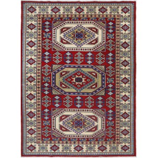Hand Knotted Red, Navy Blue, Ivory, Light Blue Wool Area Rug | Turkish Tribal Style Accent Rug