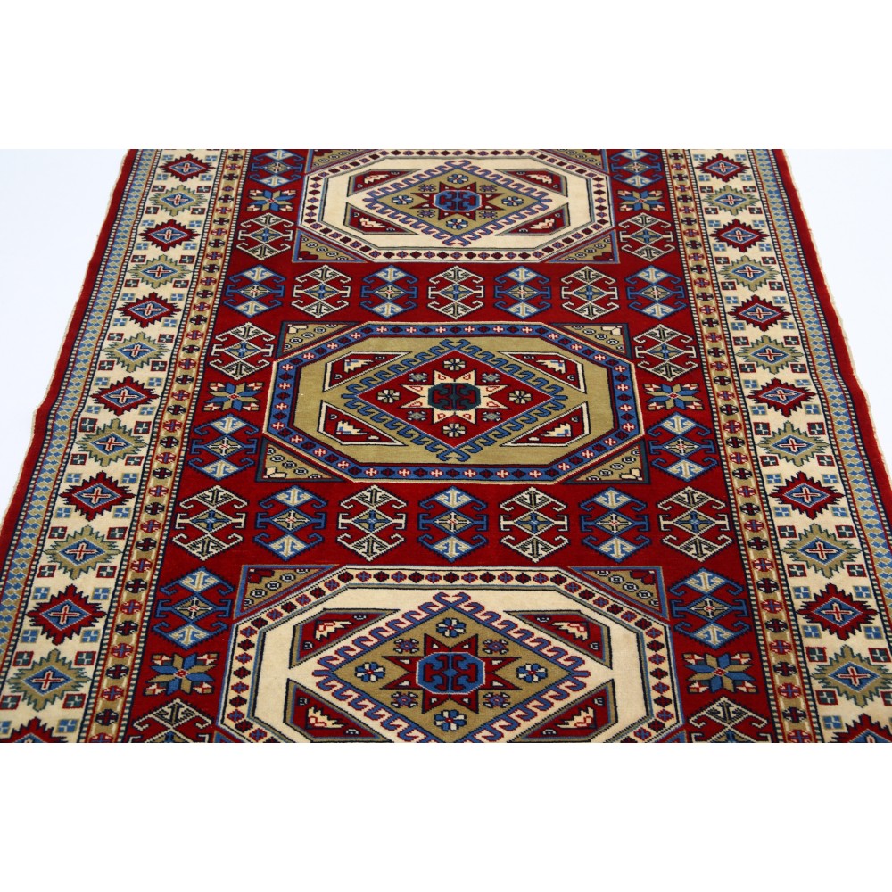 Hand Knotted Red, Navy Blue, Ivory, Light Blue Wool Area Rug | Turkish Tribal Style Accent Rug Hand Knotted Red, Navy Blue, Ivory, Light Blue Wool Area Rug | Turkish Tribal Style Accent Rug
