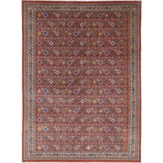 Hand-Knotted Geometric Tribal Area Rug | Rust Red, Navy Blue, Beige Wool Carpet for Living Room, Bedroom & Dining Room