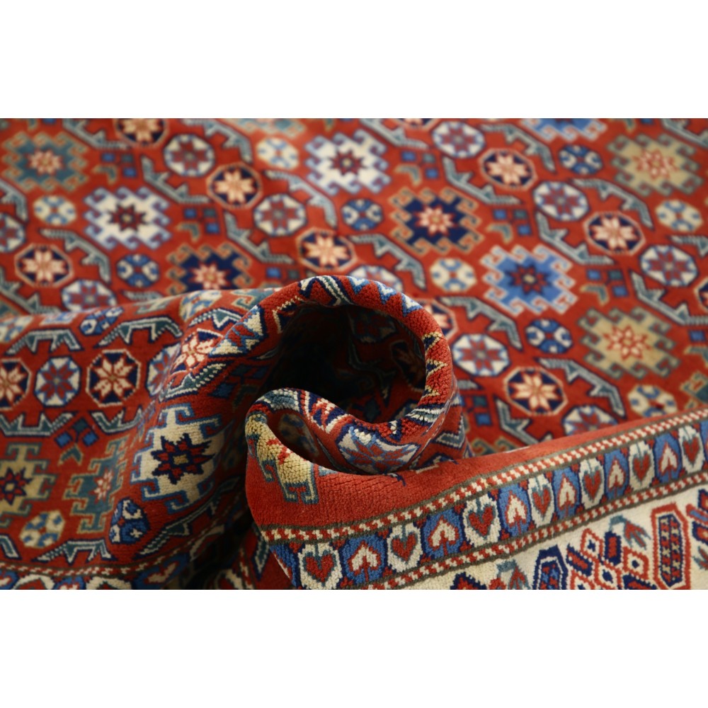 Hand-Knotted Geometric Tribal Area Rug | Rust Red, Navy Blue, Beige Wool Carpet for Living Room, Bedroom & Dining Room Hand-Knotted Geometric Tribal Area Rug | Rust Red, Navy Blue, Beige Wool Carpet for Living Room, Bedroom & Dining Room