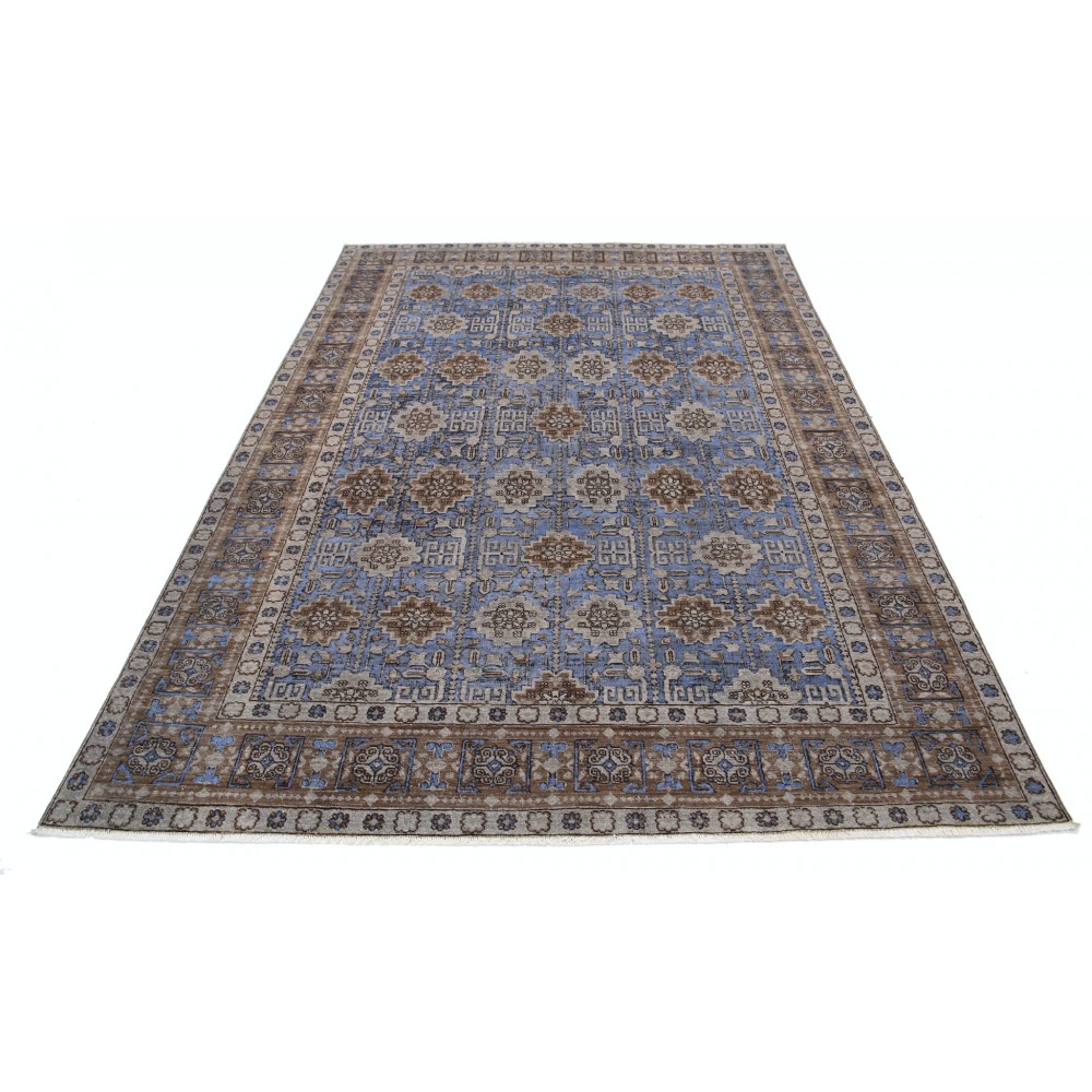Hand Knotted Light Blue, Taupe and Ivory Wool Area Rug | Turkish Geometric Floral Design Carpet Hand Knotted Light Blue, Taupe and Ivory Wool Area Rug | Turkish Geometric Floral Design Carpet