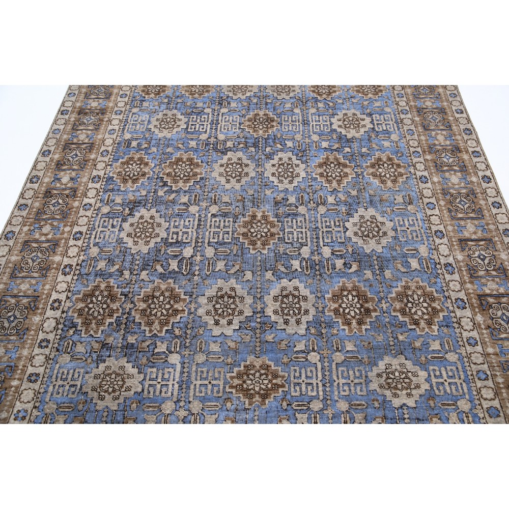 Hand Knotted Light Blue, Taupe and Ivory Wool Area Rug | Turkish Geometric Floral Design Carpet Hand Knotted Light Blue, Taupe and Ivory Wool Area Rug | Turkish Geometric Floral Design Carpet