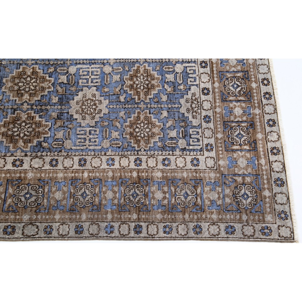 Hand Knotted Light Blue, Taupe and Ivory Wool Area Rug | Turkish Geometric Floral Design Carpet Hand Knotted Light Blue, Taupe and Ivory Wool Area Rug | Turkish Geometric Floral Design Carpet