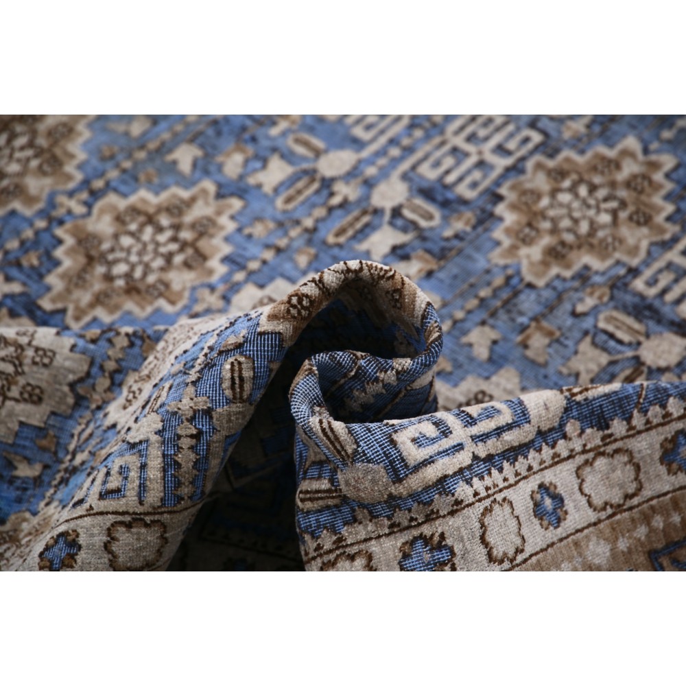 Hand Knotted Light Blue, Taupe and Ivory Wool Area Rug | Turkish Geometric Floral Design Carpet Hand Knotted Light Blue, Taupe and Ivory Wool Area Rug | Turkish Geometric Floral Design Carpet