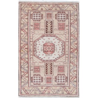 Hand Knotted Ivory, Red Wool Area Rug | Turkish Medallion Motif Accent Rug