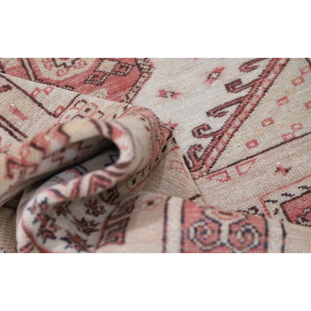 Hand Knotted Ivory, Red Wool Area Rug | Turkish Medallion Motif Accent Rug Hand Knotted Ivory, Red Wool Area Rug | Turkish Medallion Motif Accent Rug