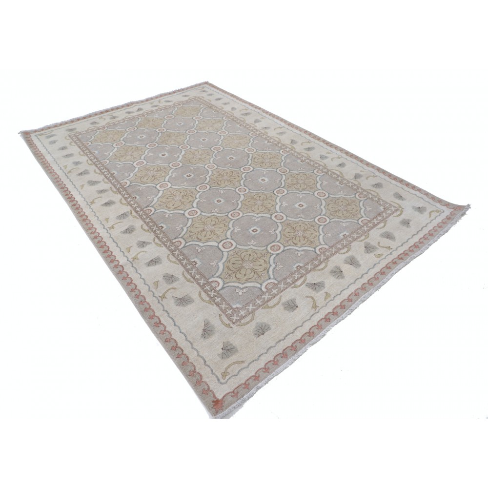 Hand Knotted Ivory, Blush, Light Blue Wool Area Rug | Turkish Geometric Design Accent Rug Hand Knotted Ivory, Blush, Light Blue Wool Area Rug | Turkish Geometric Design Accent Rug