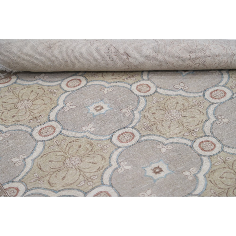 Hand Knotted Ivory, Blush, Light Blue Wool Area Rug | Turkish Geometric Design Accent Rug Hand Knotted Ivory, Blush, Light Blue Wool Area Rug | Turkish Geometric Design Accent Rug