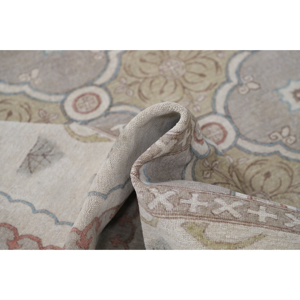 Hand Knotted Ivory, Blush, Light Blue Wool Area Rug | Turkish Geometric Design Accent Rug Hand Knotted Ivory, Blush, Light Blue Wool Area Rug | Turkish Geometric Design Accent Rug