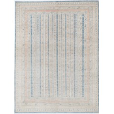 Hand Knotted Light Blue, Beige Wool Area Rug | Decorative Striped Geometric Rug