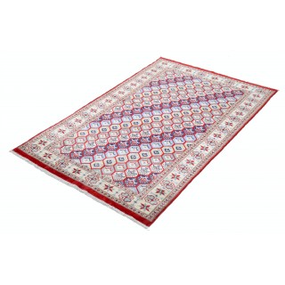 Hand Knotted Red, Ivory, Navy Blue Wool Area Rug | Turkish Hexagon Lattice Design Rug