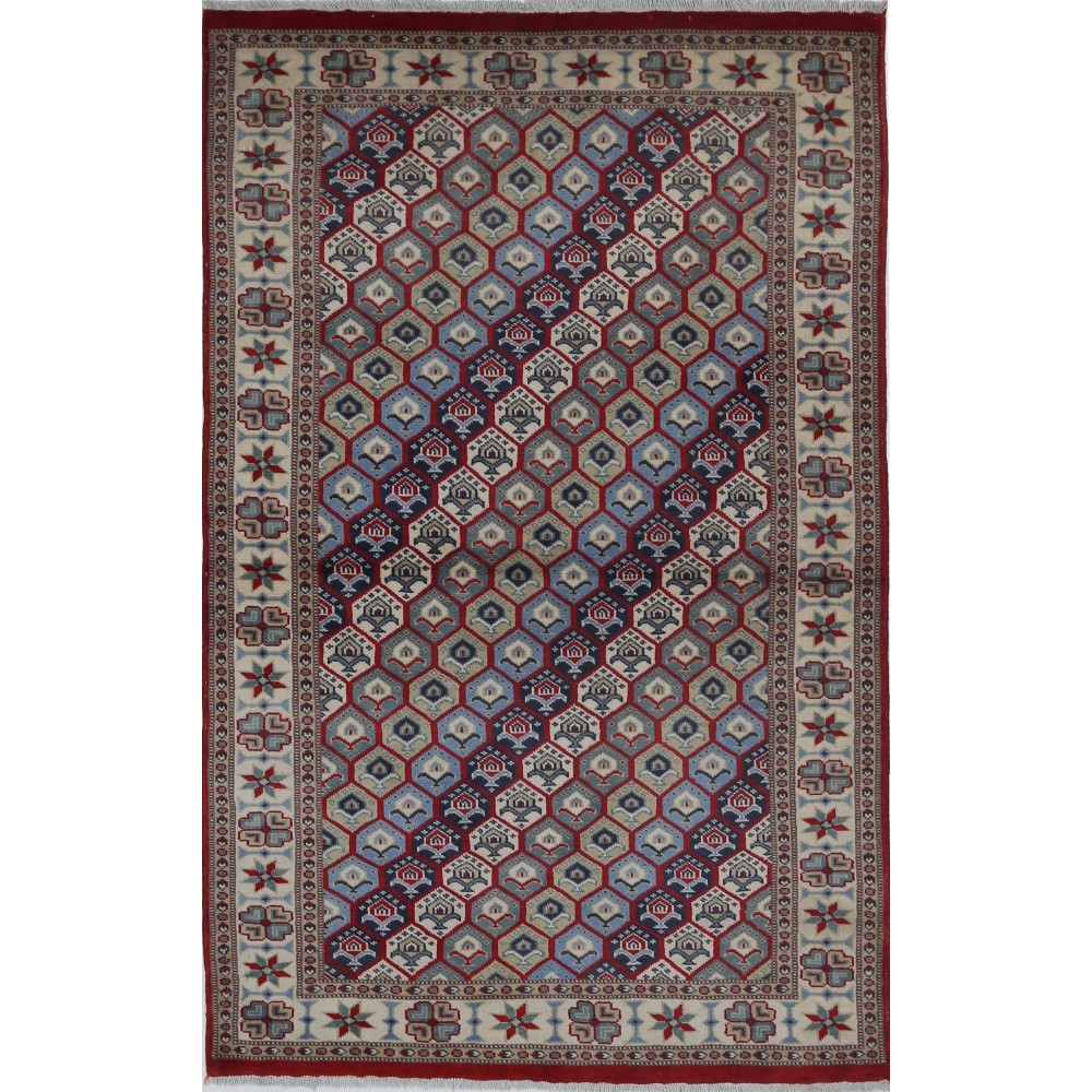 Hand Knotted Red, Ivory, Navy Blue Wool Area Rug | Turkish Hexagon Lattice Design Rug Hand Knotted Red, Ivory, Navy Blue Wool Area Rug | Turkish Hexagon Lattice Design Rug