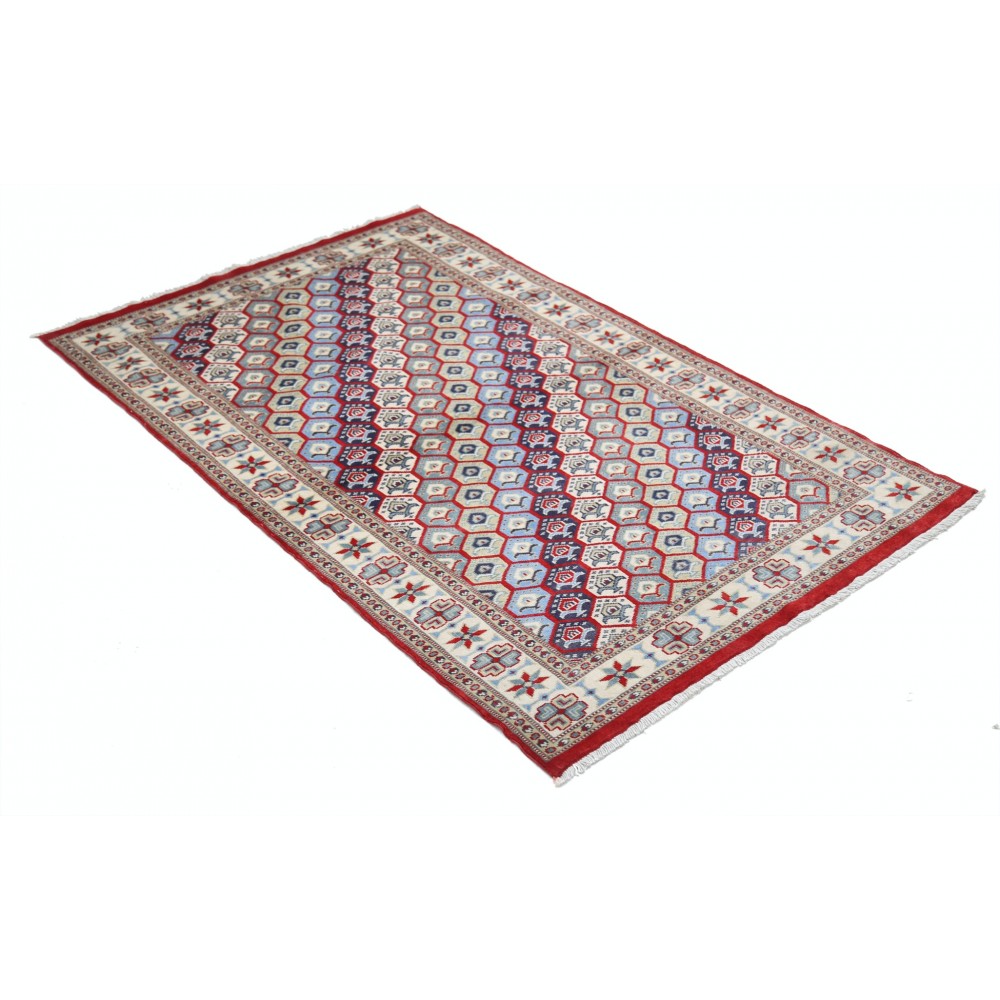 Hand Knotted Red, Ivory, Navy Blue Wool Area Rug | Turkish Hexagon Lattice Design Rug Hand Knotted Red, Ivory, Navy Blue Wool Area Rug | Turkish Hexagon Lattice Design Rug